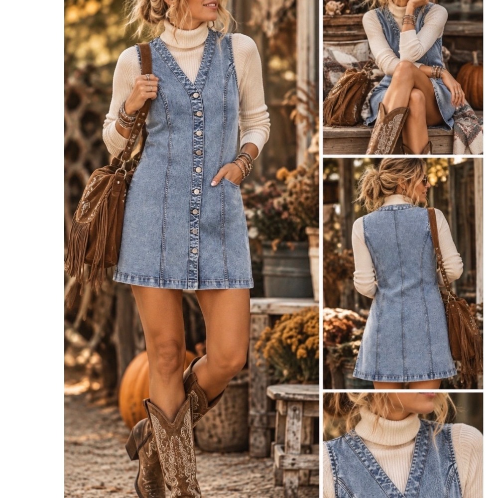 Frye Denim Mini Dress Light Wash Blue Button Front V-Neck Sleeveless Size L